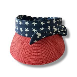 Disney Parks Hat Adult Blue Mickey Visor Red White Stars Straw Patriotic USA Sun